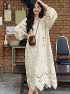 Korean Style Vintage Long Sleeve VNeck Boho Hollow Out Maxi Dress
