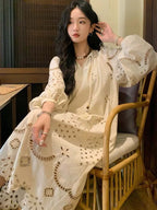 Korean Style Vintage Long Sleeve VNeck Boho Hollow Out Maxi Dress