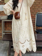 Korean Style Vintage Long Sleeve VNeck Boho Hollow Out Maxi Dress