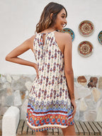 Boho Print Lace Front Halter Dress