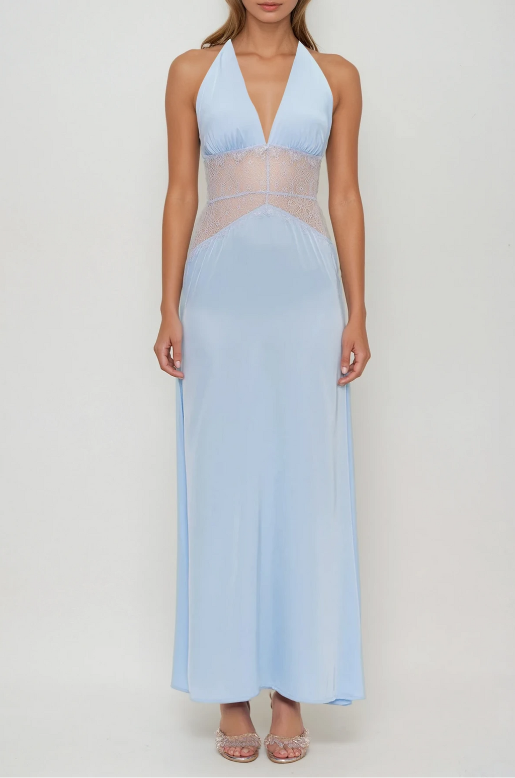 Bowie Lace Plunge Backless Maxi Dress In Blue