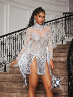 Embellished Fringe Split Mini Dress In Silver
