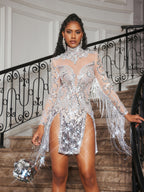 Embellished Fringe Split Mini Dress In Silver