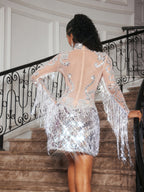 Embellished Fringe Split Mini Dress In Silver