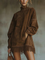 Faux Suede Turtleneck Dress With Fringe Hem