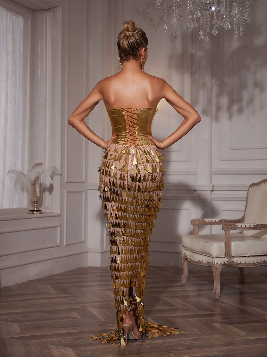 Corset Acrylic Fringe Maxi Dress