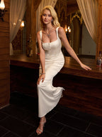 Button Front Backless Zipper Back Satin Prom Dress
