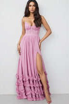 Zivene Pink Halter Fishbone Maxi Dress
