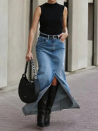 Casual Front Slit Denim Maxi Skirt