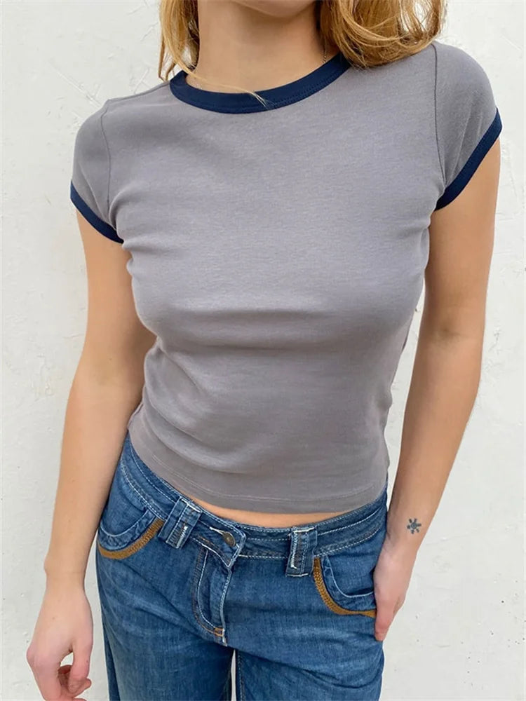 Color Patchwork Summer Streetwear Oneck Basic T-shirts