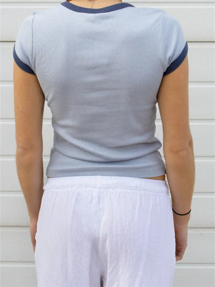 Color Patchwork Summer Streetwear Oneck Basic T-shirts