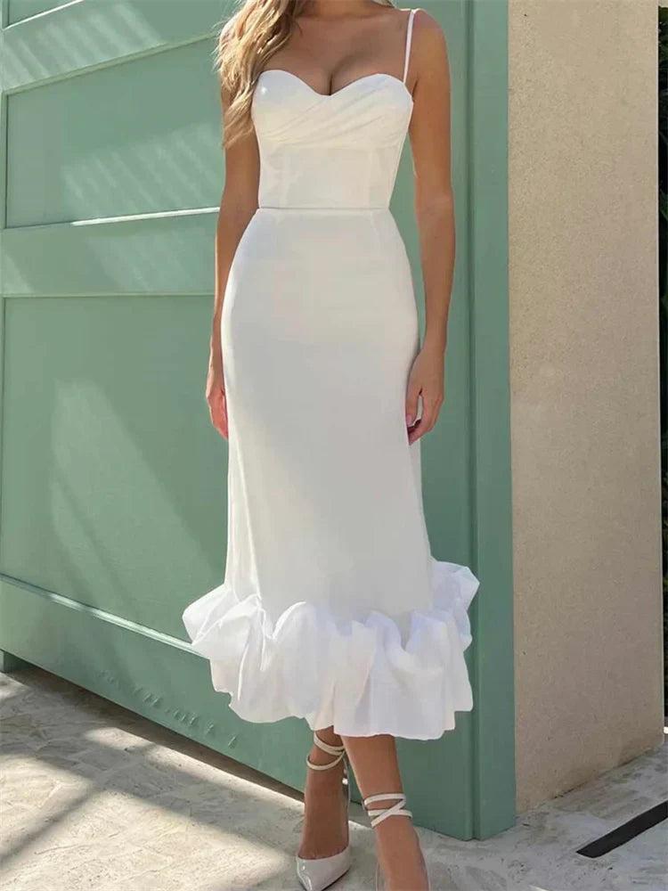 Elegant Cocktail Sleeveless Low Cut VNeck Slim Ruched Ruffles Midi Dress