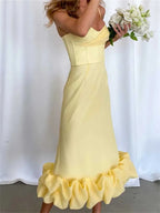Elegant Cocktail Sleeveless Low Cut VNeck Slim Ruched Ruffles Midi Dress