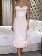 Elegant Cocktail Sleeveless Low Cut VNeck Slim Ruched Ruffles Midi Dress