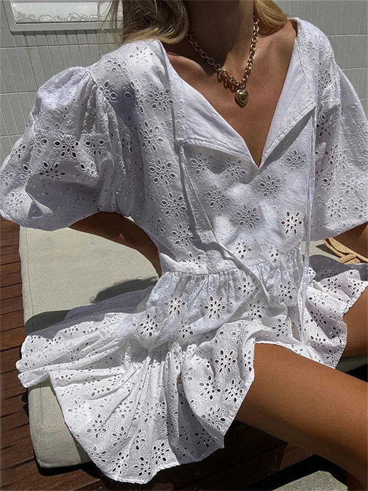 Elegant Lace Floral Vneck Mini Dresses