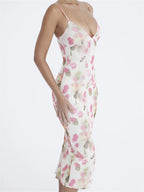 Sleeveless Strap Sling V-Neck Floral Print Slim Cocktail Party Midi Dress