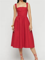 Elegant Square Neck ButtonUp Sling High Waist ALine Summer Midi Dress