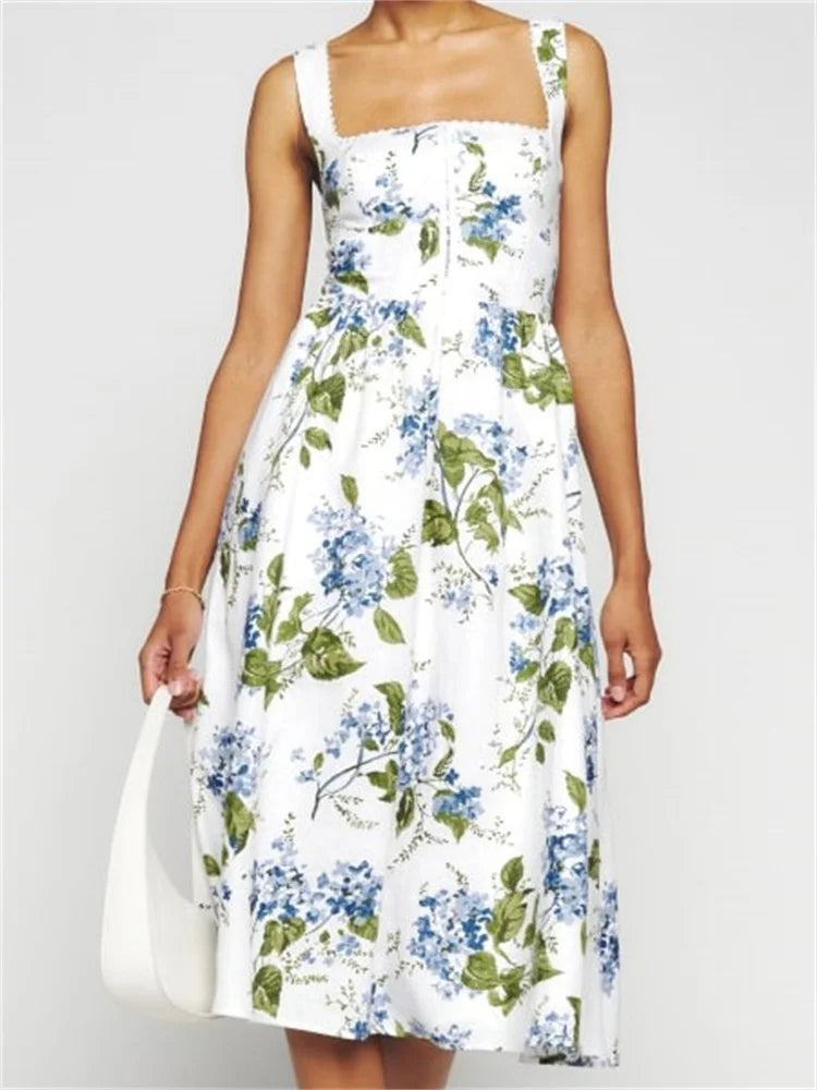 Elegant Square Neck ButtonUp Sling High Waist ALine Summer Midi Dress