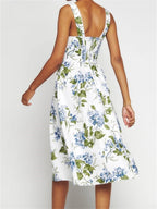 Elegant Square Neck ButtonUp Sling High Waist ALine Summer Midi Dress