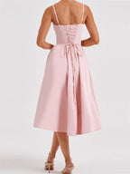 Elegant Solid Color Sleeveless Strap Low Cut Backless Formal Midi Dress