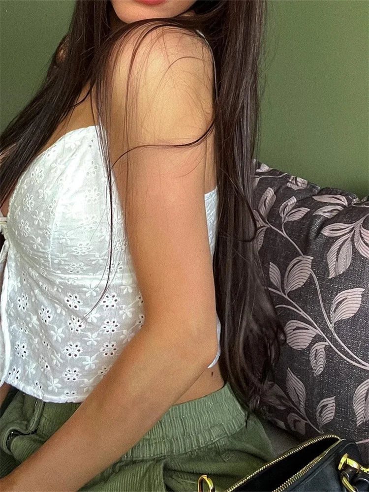 Floral White Fairy 00s Retro Strap Vneck Y2K Aesthetics Sexy Tieup Mini Vest Summer Boho Beach Tank Crop Top