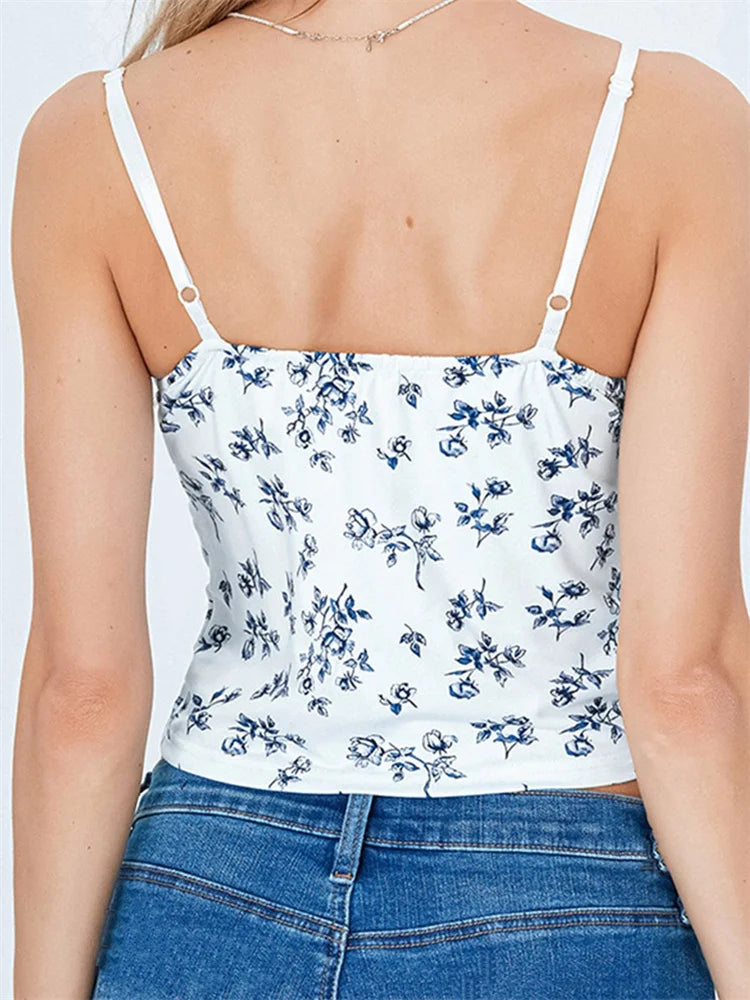 Knitted Lace Floral Print Sleeveless Strap Cropped for Women Vneck Summer Slim Fit Summer Mini Vest Crop Top