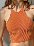 Knitted Ribbed Mini Vest Top for Women Summer Streetwear Sleeveless Halter Laceup Backless Off Shoulder Cropped Crop Top