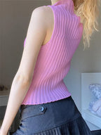 Knitted Ribbed Slim Fit for Women Summer Party Clubwear Front Zipup Sleeveless Aesthetic Grunge Mini Vest Crop Top