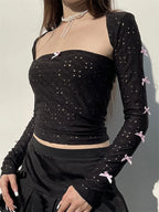 Retro Summer Lace Hollow Out Tube with Long Sleeve Shrug Outfits Bowknot Patchwork Clubwear Crop Top
