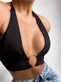 Deep Vneck Halter Backless Summer Ring Patchwork Slim Club Streetwear Solid Female Crop Top