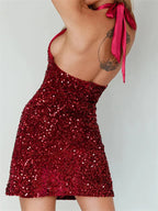 Glitter Halter Party Sequined TieUp Mini Dresses