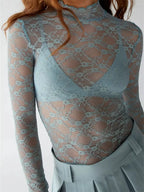 Sexy Women Lace Turtleneck Mesh See Through Fall Club Streetwear T-shirts