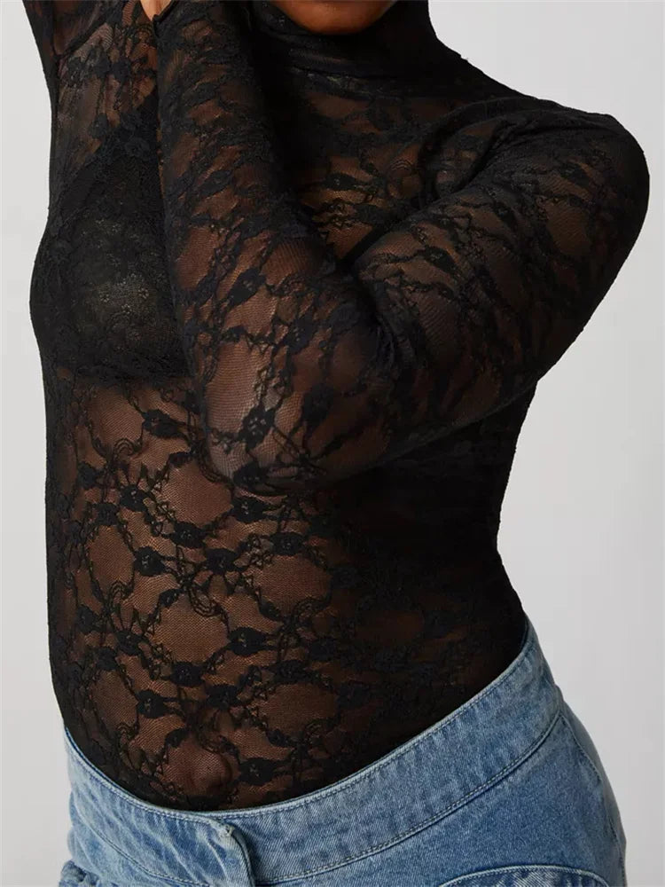 Sexy Women Lace Turtleneck Mesh See Through Fall Club Streetwear T-shirts