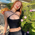 CHRONSTYLE Sexy Vest Clubwear CrissCross Ring Patchwork Low Cut Elastic Strap Hollow Backless Tight Camis Crop Top