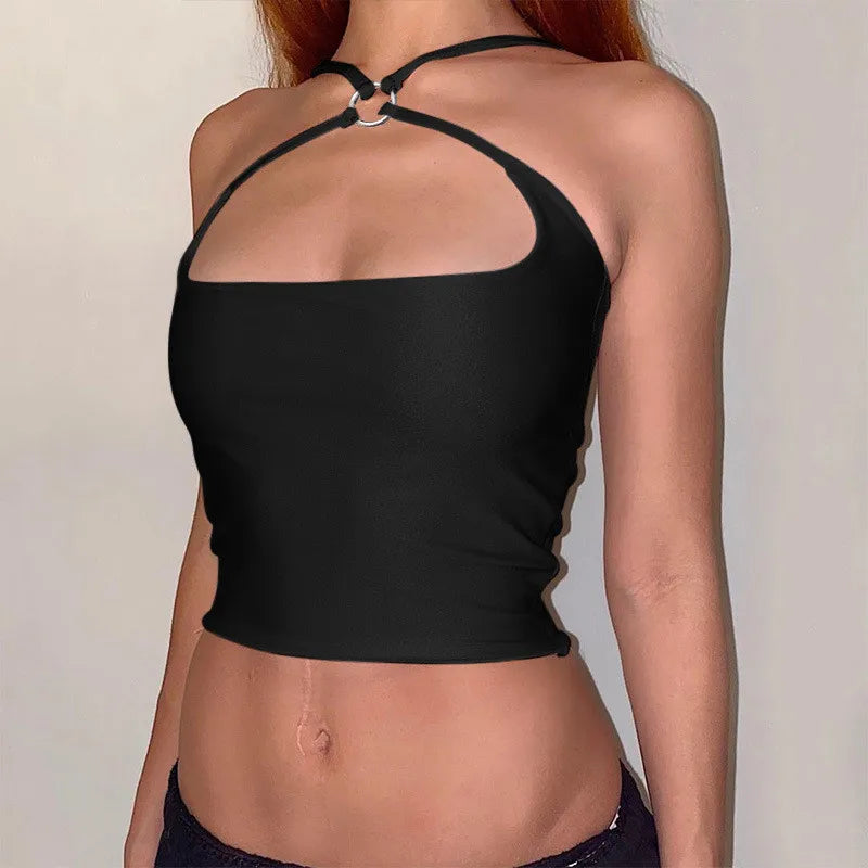 CHRONSTYLE Sexy Vest Clubwear CrissCross Ring Patchwork Low Cut Elastic Strap Hollow Backless Tight Camis Crop Top