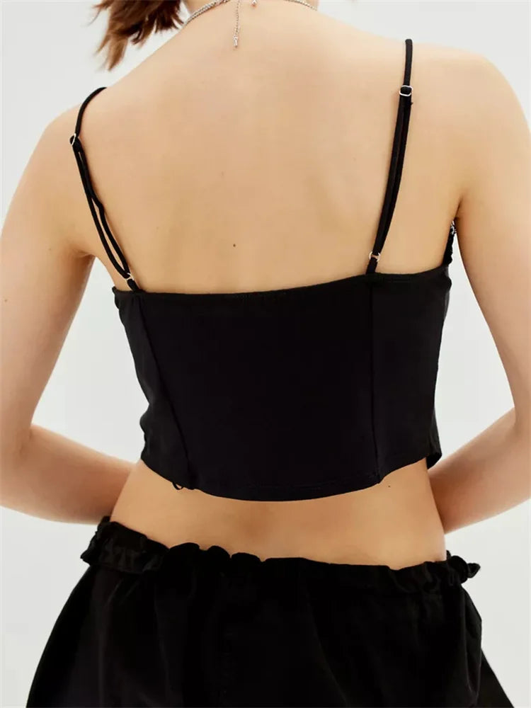 Floral Print Lace Patchwork Vneck Front Split Tieup Ruffle Summer Strap Mini Crop Top