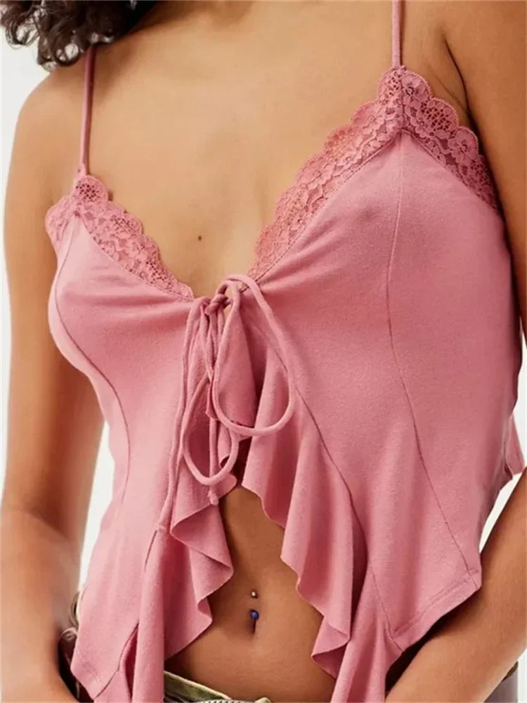 Floral Print Lace Patchwork Vneck Front Split Tieup Ruffle Summer Strap Mini Crop Top