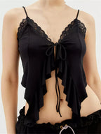 Floral Print Lace Patchwork Vneck Front Split Tieup Ruffle Summer Strap Mini Crop Top