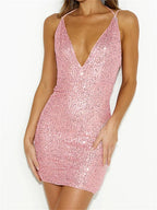 Deep Vneck Sequined Spaghetti Strap Slim Fit Mini Dresses
