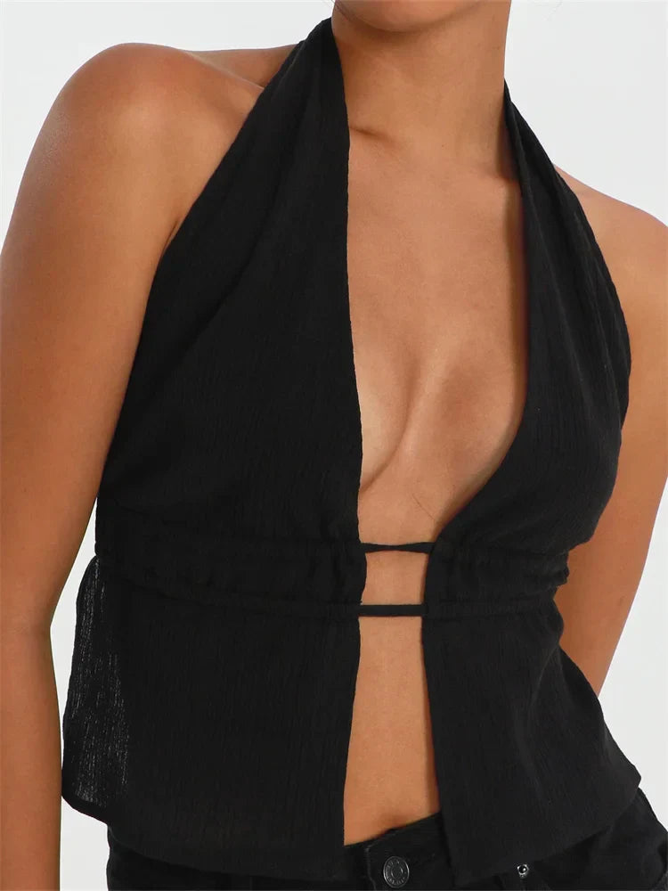 Front Split Low Cut Halter Sleeveless Backless Off Shoulder Laceup Sexy Mini Vest Streetwear Crop Top