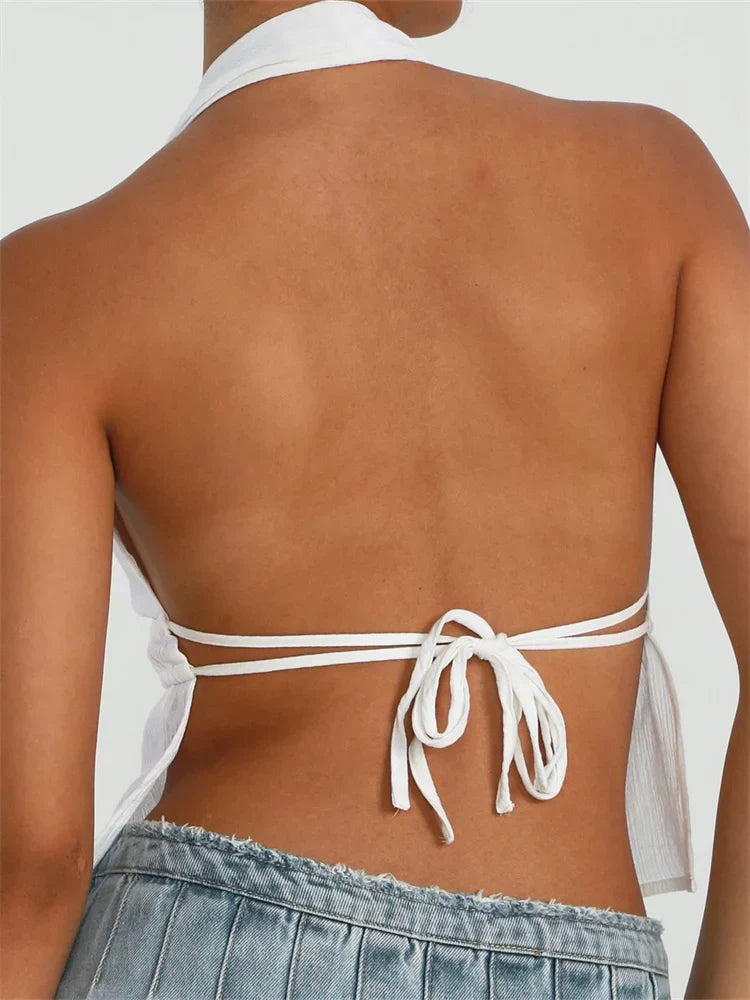 Front Split Low Cut Halter Sleeveless Backless Off Shoulder Laceup Sexy Mini Vest Streetwear Crop Top