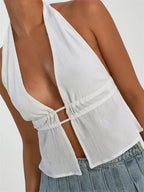 Front Split Low Cut Halter Sleeveless Backless Off Shoulder Laceup Sexy Mini Vest Streetwear Crop Top