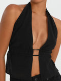 Front Split Low Cut Halter Sleeveless Backless Off Shoulder Laceup Sexy Mini Vest Streetwear Crop Top