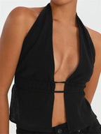 Front Split Low Cut Halter Sleeveless Backless Off Shoulder Laceup Sexy Mini Vest Streetwear Crop Top