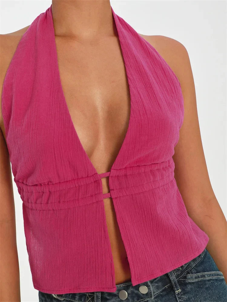 Front Split Low Cut Halter Sleeveless Backless Off Shoulder Laceup Sexy Mini Vest Streetwear Crop Top