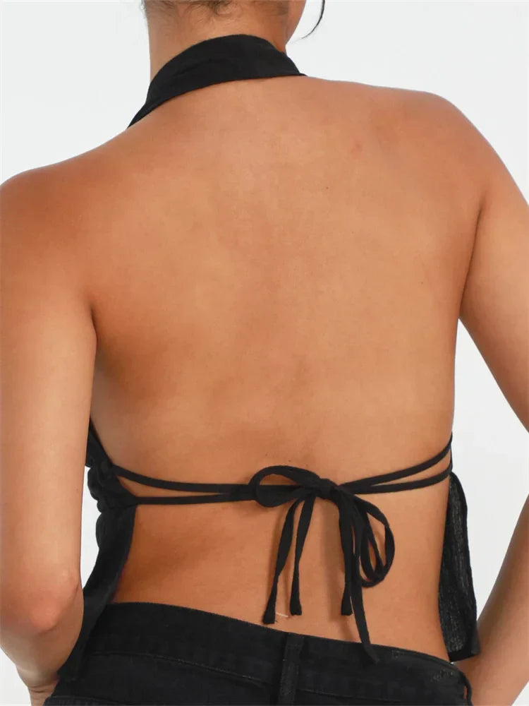 Front Split Low Cut Halter Sleeveless Backless Off Shoulder Laceup Sexy Mini Vest Streetwear Crop Top
