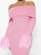 Knitted Long Sleeve OffShoulder Fur Patchwork Ribbed Bodycon Midi Dress