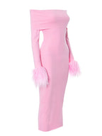 Knitted Long Sleeve OffShoulder Fur Patchwork Ribbed Bodycon Midi Dress
