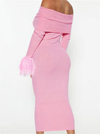 Knitted Long Sleeve OffShoulder Fur Patchwork Ribbed Bodycon Midi Dress