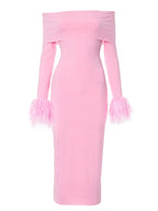Knitted Long Sleeve OffShoulder Fur Patchwork Ribbed Bodycon Midi Dress